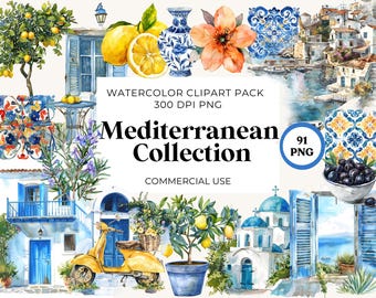 Medelhavsvattenfärg Clipart: Grekiska öar (91 PNG)