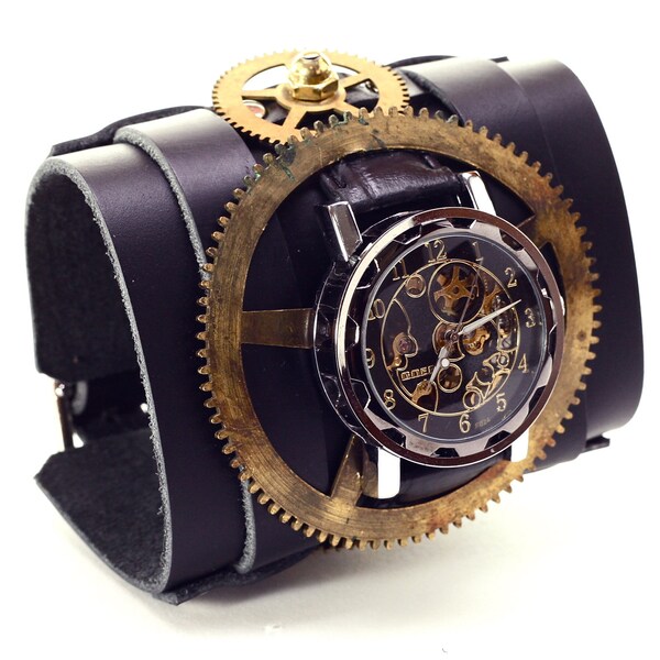 Steampunk Watch - Skeleton Watch Face with Vintage Brass Clock Gears