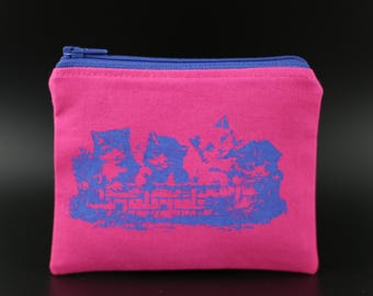 Screen Printed Kitten Zipper Pouch, Fuchsia Blue Vegan Cruelty-Free Bag
