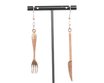 Copper Knife and Fork Earrings, Foodie Jewelry, Nickel-Free