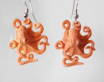 REALISTIC OCTOPUS EARRINGS Fun orange  rubber octopus jewelry. Great gift for her