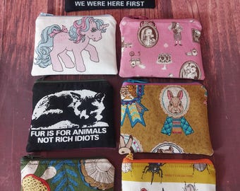 Handmade Print Coin Pouch: Upcycled Cotton Lining, Many Fun Desigs