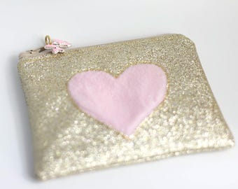Glittery Heart Die-cut Pouch. Small Zippered Golden Purse.