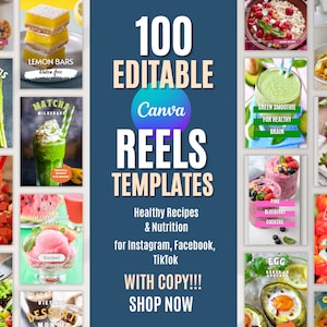 Peut inclure: Un collage de 100 modèles de Reels Canva pour des recettes saines et la nutrition. Les modèles présentent des images de divers aliments et boissons, notamment des smoothies, des salades, des desserts et des plats internationaux. Le texte "100 modèles de Reels Canva modifiables" est affiché en gros caractères gras en haut du collage. Le texte "Recettes saines et nutrition" est affiché sous les modèles. Le texte "pour Instagram, Facebook, TikTok" est affiché sous le texte "Recettes saines et nutrition". Le texte "AVEC COPIE !!! ACHETER MAINTENANT" est affiché en bas du collage.