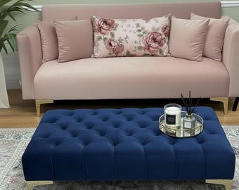 Blue Handmade Chesterfield Velvet Footstool: Luxury Ottoman Coffee Table