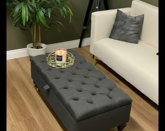 Charcoal Ottoman Footstool Pouffe, Chesterfield Tufted Coffee Table Bench,  Wool Living Room Furniture