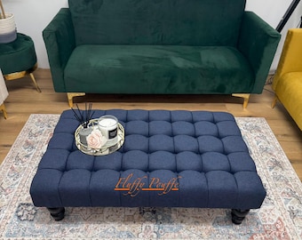 Cube Navy Faux Wool Chesterfield Footstool: Luxury Coffee Table Bench