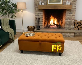 Burnt Orange Velvet Storage Ottoman: Buttoned Plush Fabric, 90cm