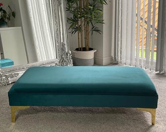Handmade Velvet Footstool Coffee Table Bench: Teal Flat Top Pouffe