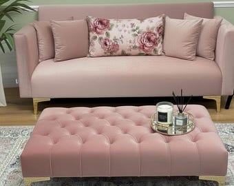 Pink Handmade Chesterfield Velvet Footstool: Luxury Ottoman Coffee Table