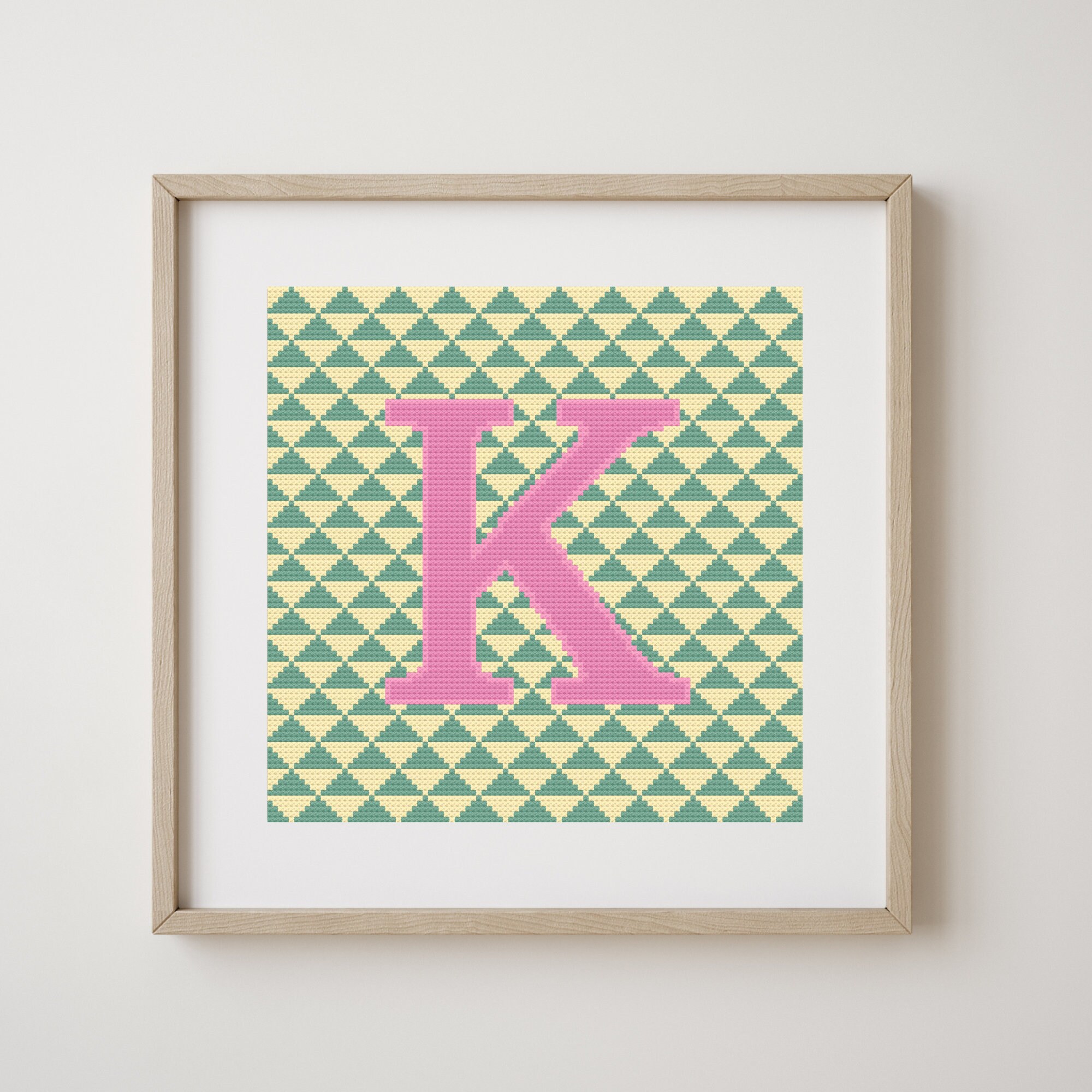 Letter K, cross stitch alphabet pattern, pink on green and yellow, monogram, modern decor, downloadable PDF pattern