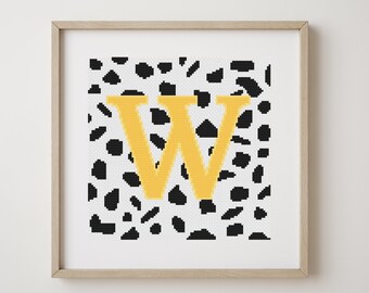 Letter W, cross stitch alphabet pattern, yellow letter on dalmatian spots, monogram, modern decor, downloadable PDF pattern