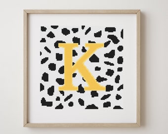 Letter K, cross stitch alphabet pattern, yellow letter on dalmatian spots, monogram, modern decor, downloadable PDF pattern
