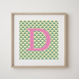 Letra D, patrón abecedario en punto de cruz, rosa sobre verde y amarillo, monograma, decoración moderna, patrón PDF descargable