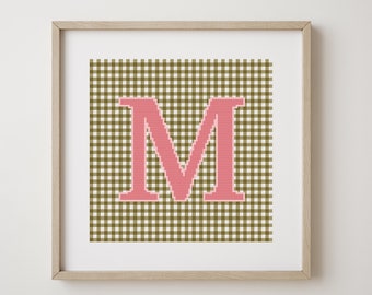 Letter M, cross stitch alphabet pattern, pink letter on olive green gingham background, monogram, modern decor, downloadable PDF pattern