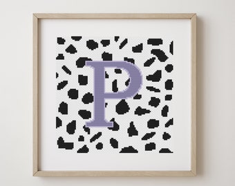 Letter P, cross stitch alphabet pattern, lilac letter on dalmatian spots, monogram, modern decor, downloadable PDF pattern