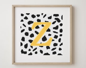 Letter Z, cross stitch alphabet pattern, yellow letter on dalmatian spots, monogram, modern decor, downloadable PDF pattern