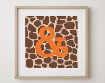 Ampersand symbol &, cross stitch punctuation pattern, orange symbol on giraffe print, monogram, modern decor, downloadable PDF pattern