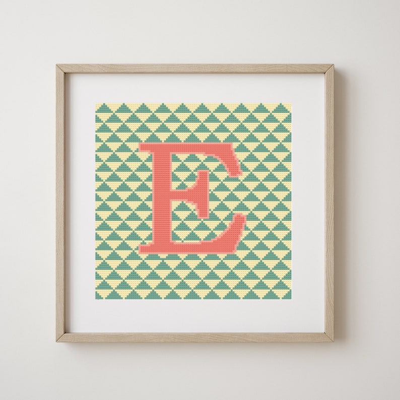 Letter E, cross stitch alphabet pattern, coral on green and yellow, monogram, modern decor, downloadable PDF pattern image 1