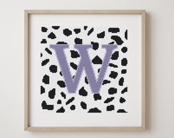 Letter W, cross stitch alphabet pattern, lilac letter on dalmatian spots, monogram, modern decor, downloadable PDF pattern