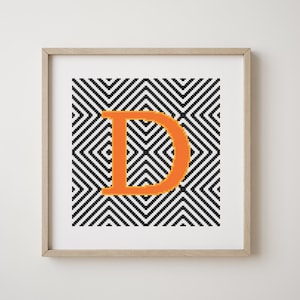 Letra D, patrón abecedario punto de cruz, naranja, monograma, decoración moderna, patrón PDF descargable