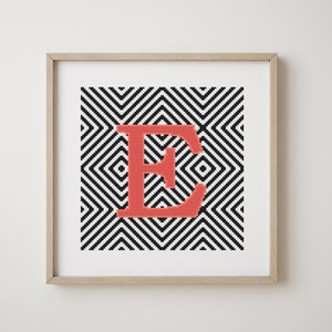 Letter E, cross stitch alphabet pattern, coral, monogram, modern decor, downloadable PDF pattern