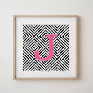 Letra J, patrón abecedario punto de cruz, rosa, monograma, decoración moderna, patrón PDF descargable