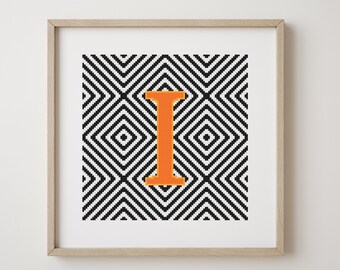 Letter I, cross stitch alphabet pattern, orange, monogram, modern decor, downloadable PDF pattern