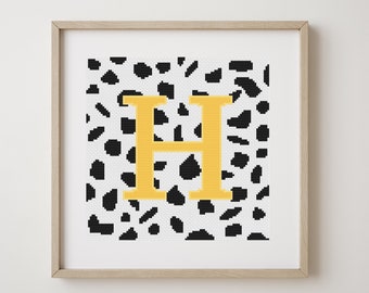 Letter H, cross stitch alphabet pattern, yellow letter on dalmatian spots, monogram, modern decor, downloadable PDF pattern