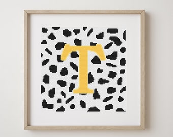 Letter T, cross stitch alphabet pattern, yellow letter on dalmatian spots, monogram, modern decor, downloadable PDF pattern