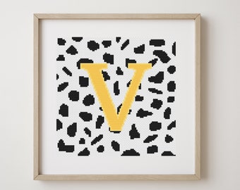 Letter V, cross stitch alphabet pattern, yellow letter on dalmatian spots, monogram, modern decor, downloadable PDF pattern
