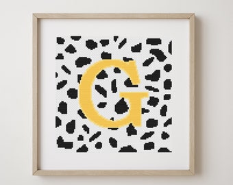 Letter G, cross stitch alphabet pattern, yellow letter on dalmatian spots, monogram, modern decor, downloadable PDF pattern