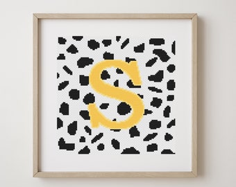 Letter S, cross stitch alphabet pattern, yellow letter on dalmatian spots, monogram, modern decor, downloadable PDF pattern
