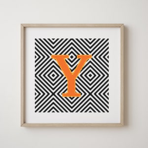 Letter Y, cross stitch alphabet pattern, orange, monogram, modern decor, downloadable PDF pattern