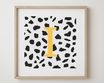 Letter I, cross stitch alphabet pattern, yellow letter on dalmatian spots, monogram, modern decor, downloadable PDF pattern