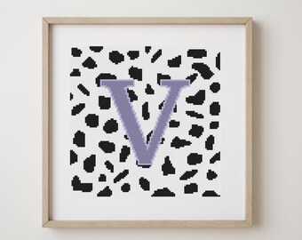 Letter V, cross stitch alphabet pattern, lilac letter on dalmatian spots, monogram, modern decor, downloadable PDF pattern