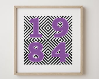 Black and white chevron cross stitch pattern with purple 1984, PDF pattern, modern cross stitch, downloadable PDF