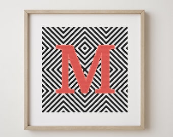 Letter M, cross stitch alphabet pattern, coral, monogram, modern decor, downloadable PDF pattern