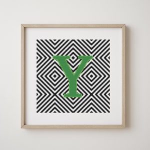 Letter Y, cross stitch alphabet pattern, green, monogram, modern decor, downloadable PDF pattern