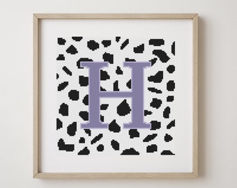Letter H, cross stitch alphabet pattern, lilac letter on dalmatian spots, monogram, modern decor, downloadable PDF pattern