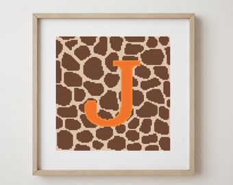 Letter J, cross stitch alphabet pattern, orange letter on giraffe print, monogram, modern decor, downloadable PDF pattern