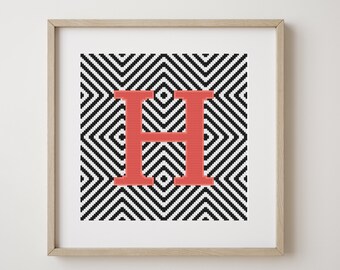 Letter H, cross stitch alphabet pattern, coral, monogram, modern decor, downloadable PDF pattern