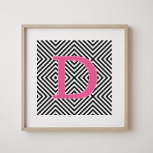 Letra D, patrón abecedario punto de cruz, rosa, monograma, decoración moderna, patrón PDF descargable