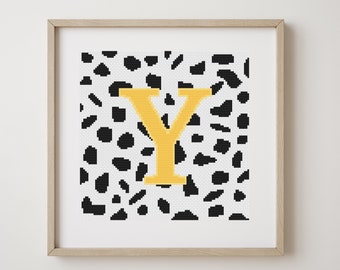 Letter Y, cross stitch alphabet pattern, yellow letter on dalmatian spots, monogram, modern decor, downloadable PDF pattern