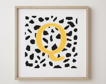 Letter Q, cross stitch alphabet pattern, yellow letter on dalmatian spots, monogram, modern decor, downloadable PDF pattern