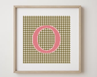 Letter O, cross stitch alphabet pattern, pink letter on olive green gingham background, monogram, modern decor, downloadable PDF pattern