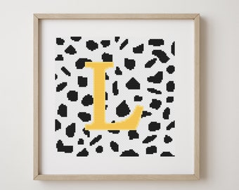 Letter L, cross stitch alphabet pattern, yellow letter on dalmatian spots, monogram, modern decor, downloadable PDF pattern