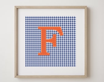 Letter F, cross stitch alphabet pattern, orange letter on royal blue gingham background, monogram, modern decor, downloadable PDF pattern