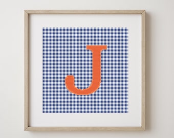 Letter J, cross stitch alphabet pattern, orange letter on royal blue gingham background, monogram, modern decor, downloadable PDF pattern