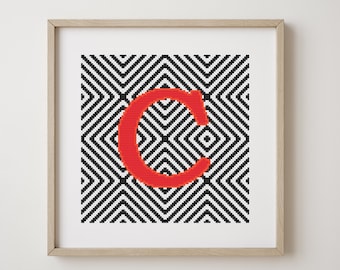 Letter C, cross stitch alphabet pattern, red, monogram, modern decor, downloadable PDF pattern